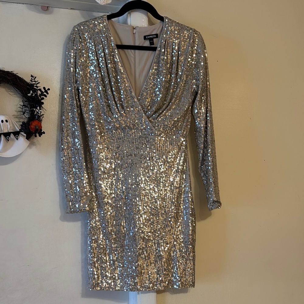 Express Silver Sequin Long Sleeve Dress